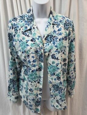 Leslie Fay Turquoise Blue Floral Button-Up Blouse